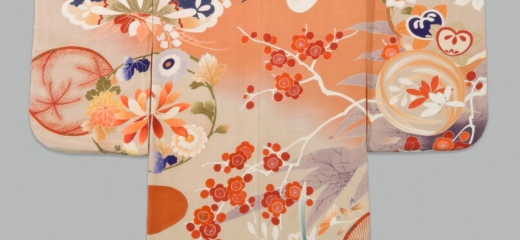 Orange Kimono with birds in the exhibition In Kimono- Refashioning Contemporary Style - Cincinnati , USA. art nouveau.