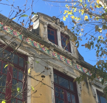 beautiful old façade in Portugal, some tiles and a tree with green leaves on the forefront