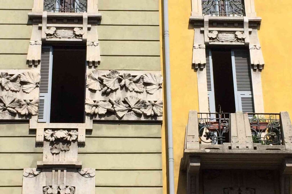 Balcony in Milano, art nouveau style. Milan in Italy.