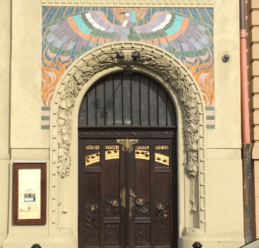 Phoenix Bird depicted in the majolica mosaic designed by Czech painter Karel Ludvík Klusáček on the House of the Hlahol Choir Society on the embankment of the Vltava River in Nové Město (New Town) in Prague, Czech Republic.