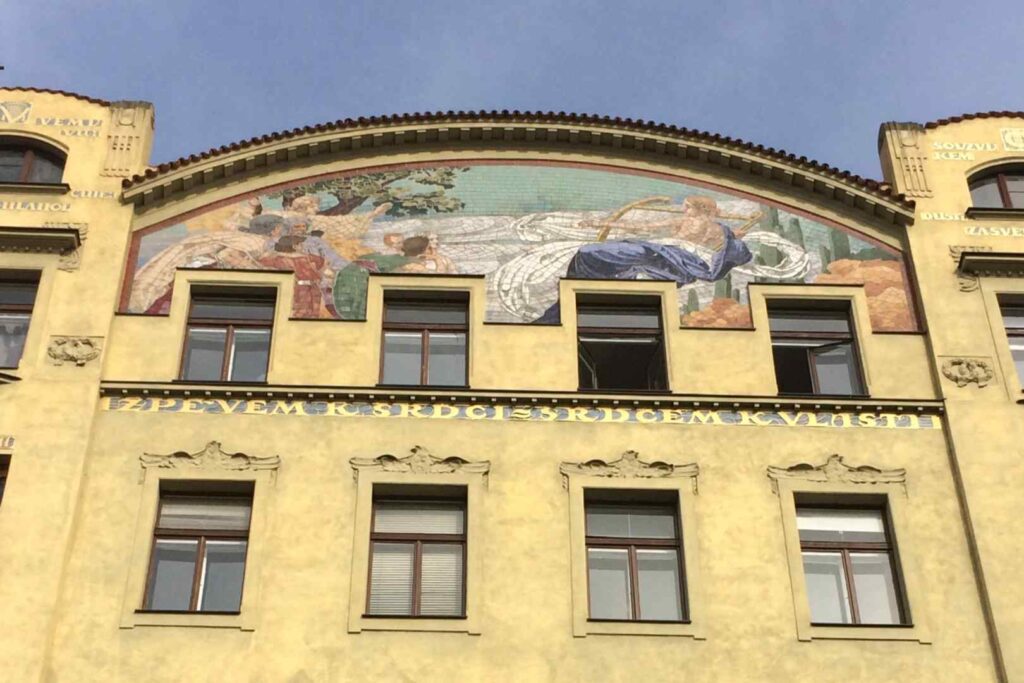 Mosaic on the Hlahol Building, Art Nouveau, Prague, Czech Republic, Europe.